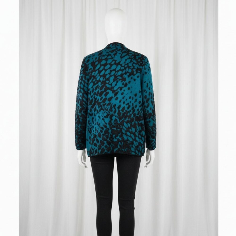 NWOT Chico's Teal & Black Jacquard Open-Front Cardigan Sweater 2 / L - Picture 3 of 14